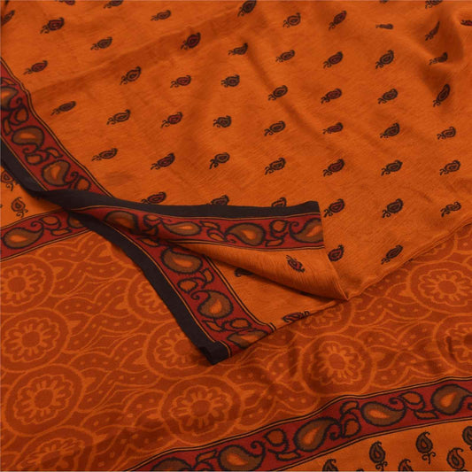 Sanskriti Vintage Sarees Saffron Pure Crepe Silk Printed Sari 6yd Craft Fabric