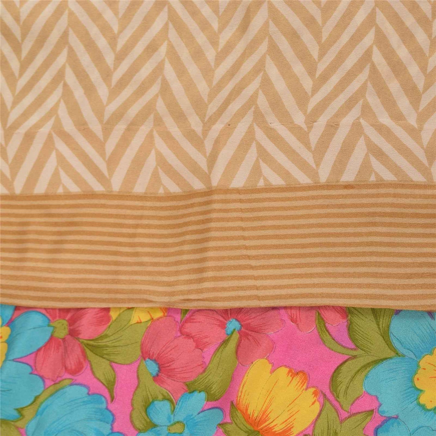 Sanskriti Vintage Sarees Peach Pure Crepe Silk Printed Sari 5+yd Craft Fabric