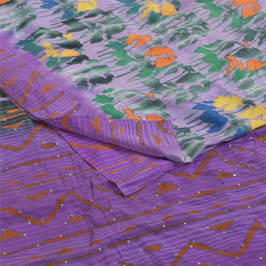 Sanskriti Vintage Sarees Purple Hand Beaded Kantha Pure Crepe Sari 5+yd Fabric
