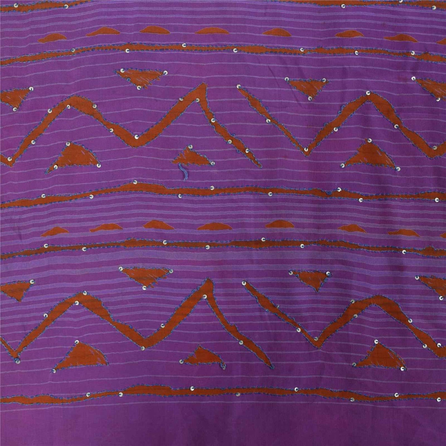 Sanskriti Vintage Sarees Purple Hand Beaded Kantha Pure Crepe Sari 5+yd Fabric