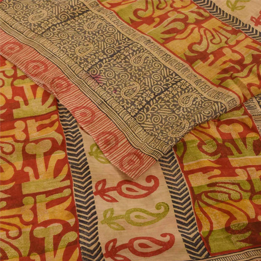 Sanskriti Vintage Sarees Red 100% Pure Crepe Silk Printed Sari 5+yd Craft Fabric