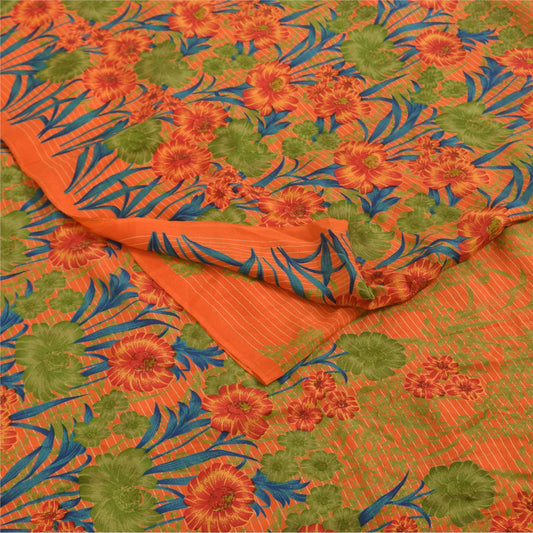 Sanskriti Vintage Sarees Orange Pure Crepe Silk Printed Sari 5+yd Craft Fabric