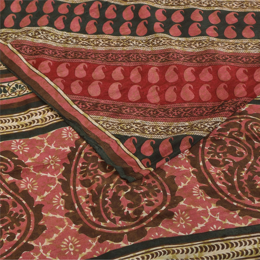 Sanskriti Vintage Sarees Multicolor Pure Crepe Silk Print Sari 5+yd Craft Fabric