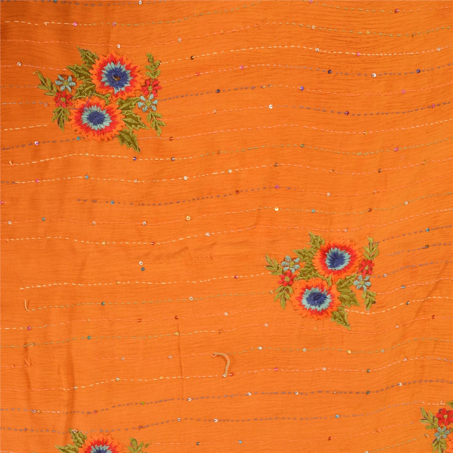 Sanskriti Vintage Sarees Red & Yellow Hand Beaded Kantha Pure Crepe Sari Fabric