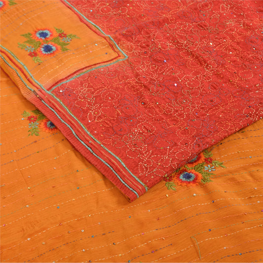 Sanskriti Vintage Sarees Red & Yellow Hand Beaded Kantha Pure Crepe Sari Fabric
