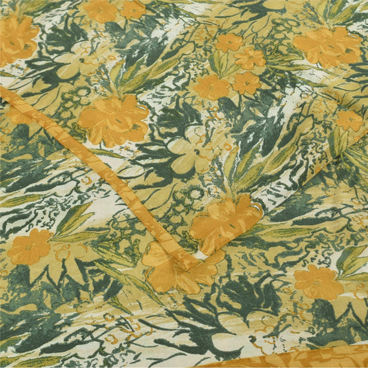 Sanskriti Vintage Sarees Green & Yellow Pure Crepe Print Sari 5+yd Craft Fabric