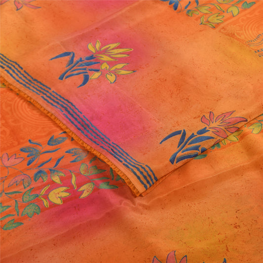Sanskriti Vintage Sarees Orange Pure Crepe Silk Printed Sari 5+yd Craft Fabric