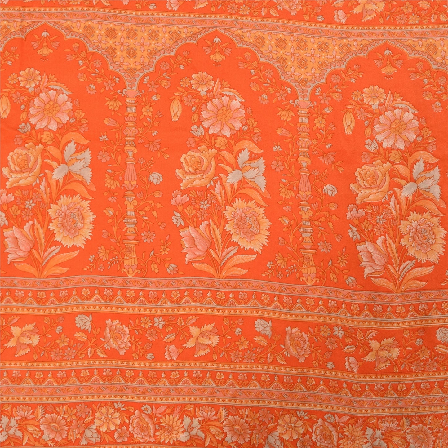 Sanskriti Vintage Sarees Orange Pure Crepe Silk Printed Sari 5+yd Craft Fabric