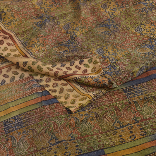 Sanskriti Vintage Sarees Pure Crepe Silk Hand Block Printed Sari 5+yd Fabric