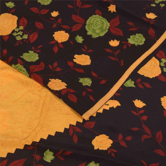 Sanskriti Vintage Sarees Yellow Pure Crepe Silk Printed Sari 5+yd Craft Fabric