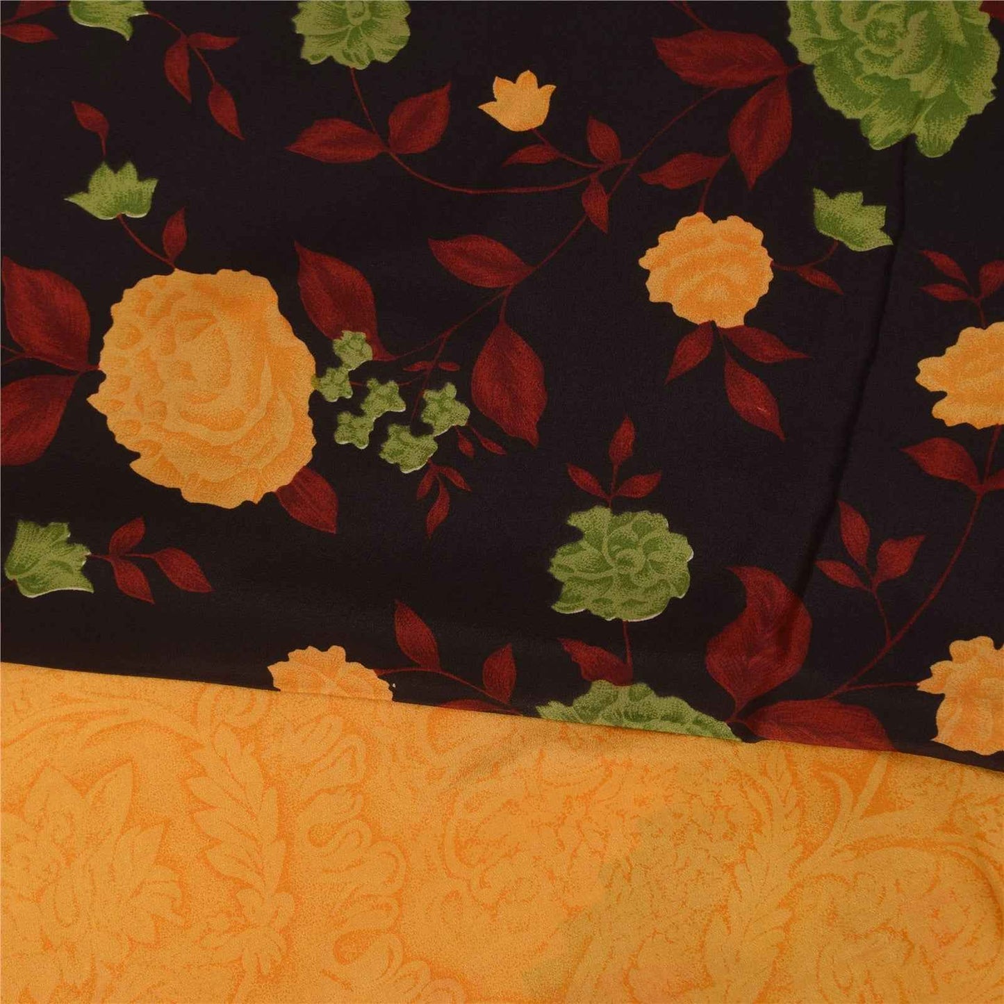 Sanskriti Vintage Sarees Yellow Pure Crepe Silk Printed Sari 5+yd Craft Fabric