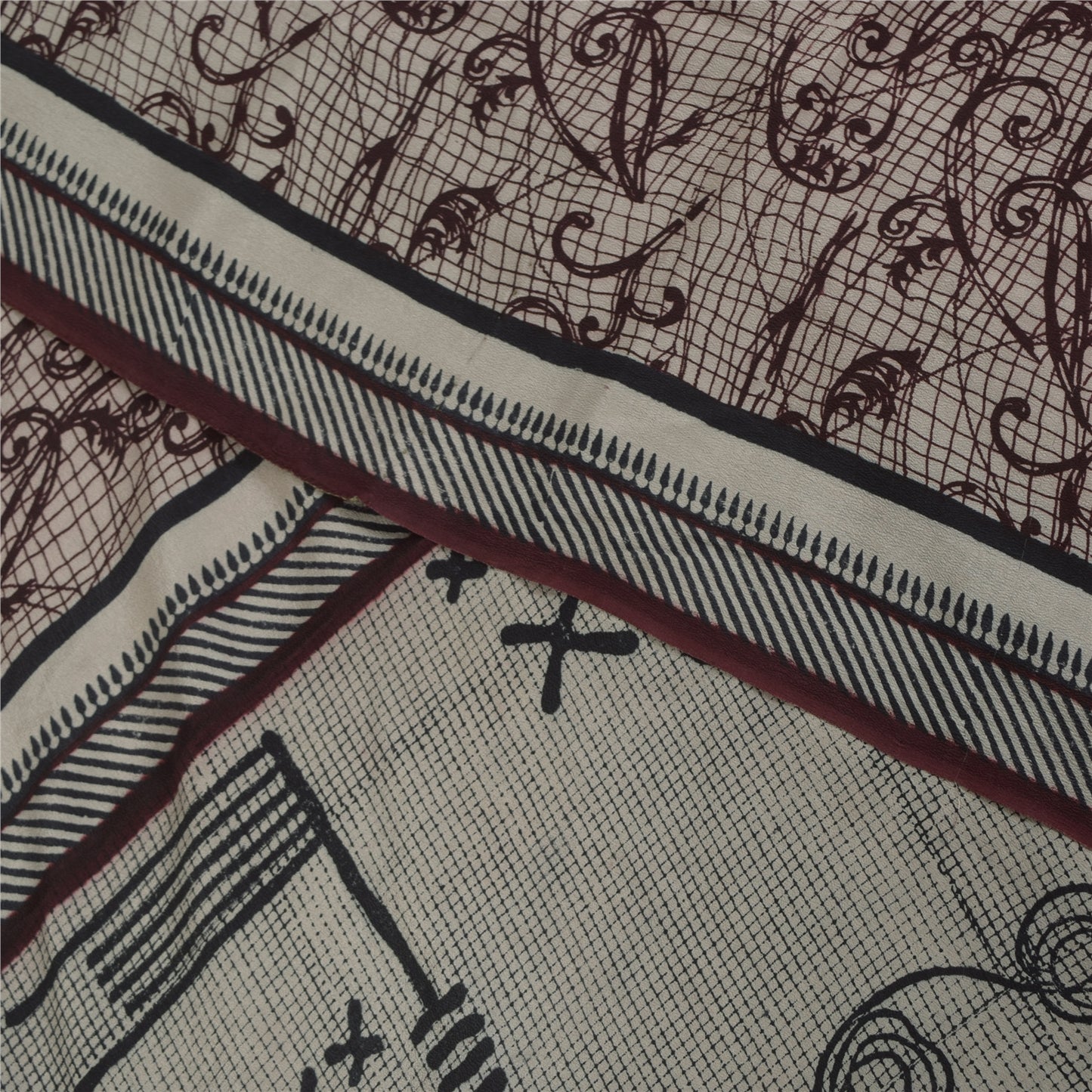 Sanskriti Vintage Sarees Ivory & Brown Pure Crepe Printed Sari 5+yd Craft Fabric