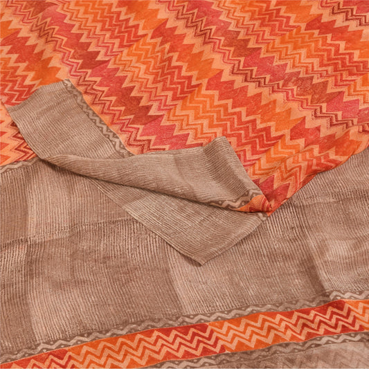 Sanskriti Vintage Sarees Orange Pure Crepe Silk Printed Sari 5+yd Craft Fabric