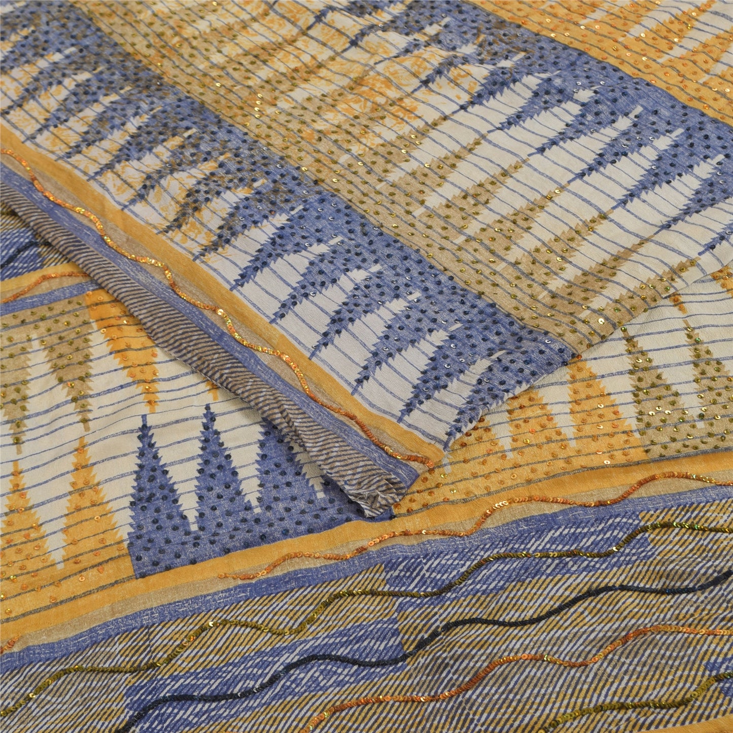 Sanskriti Vintage Sarees Embroidery Pure Crepe Silk Print Sari 5+yd Craft Fabric