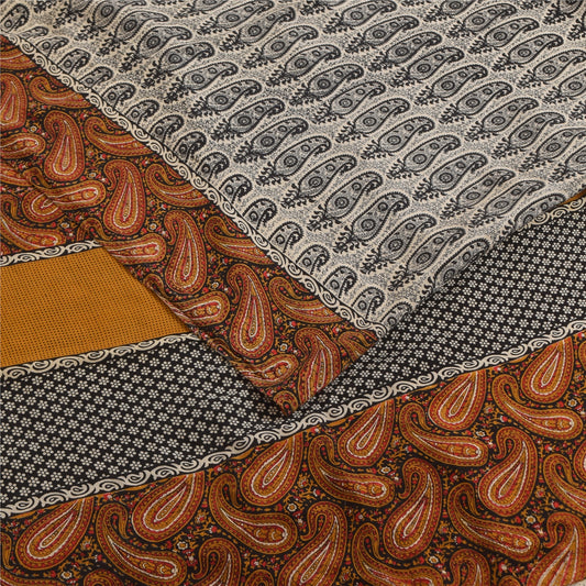 Sanskriti Vintage Sarees Cream Pure Crepe Silk Printed Sari 5+yd Craft Fabric