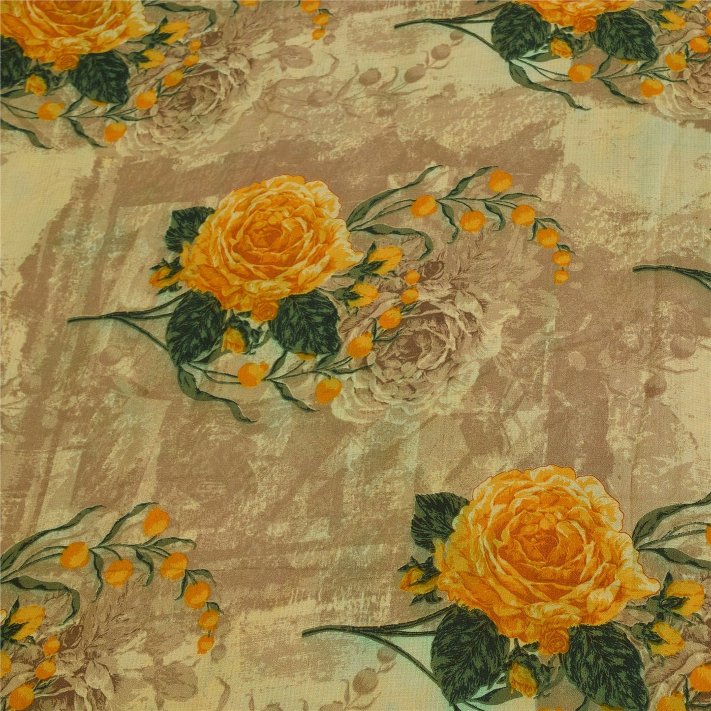 Sanskriti Vintage Sarees Cream Pure Crepe Silk Printed Sari 5+yd Craft Fabric