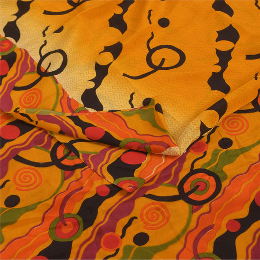 Sanskriti Vintage Sarees Yellow Pure Crepe Silk Printed Sari 5+yd Craft Fabric