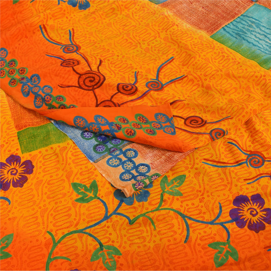Sanskriti Vintage Sarees Multicolor Pure Crepe Silk Print Sari 5+yd Craft Fabric