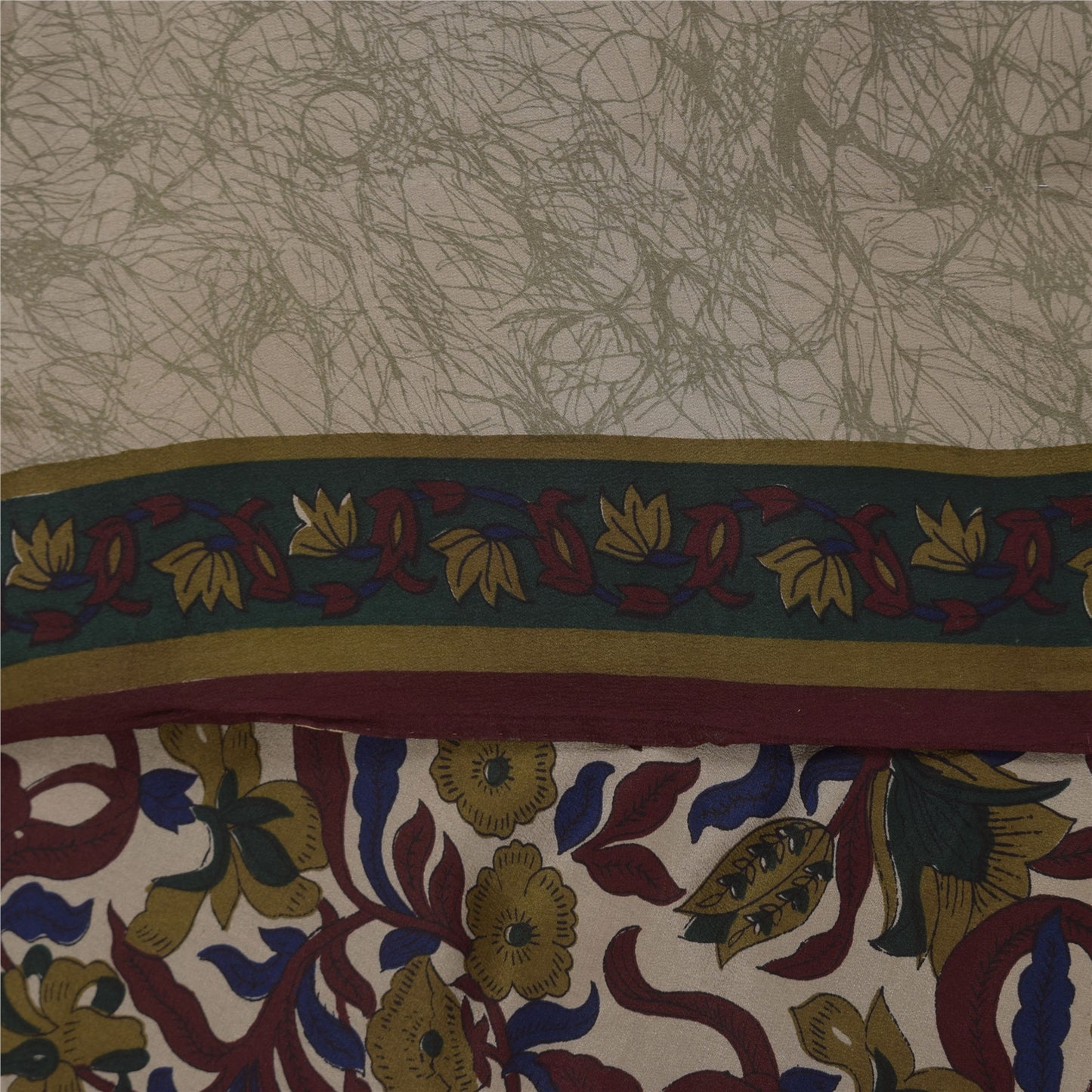 Sanskriti Vintage Sarees Cream Pure Crepe Silk Printed Sari 5+yd Craft Fabric