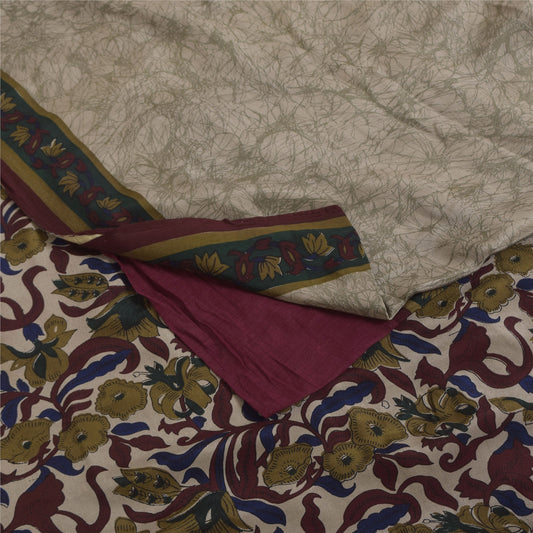 Sanskriti Vintage Sarees Cream Pure Crepe Silk Printed Sari 5+yd Craft Fabric