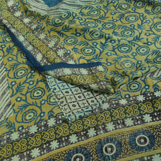 Sanskriti Vintage Sarees Multicolor Pure Crepe Silk Print Sari 5+yd Craft Fabric