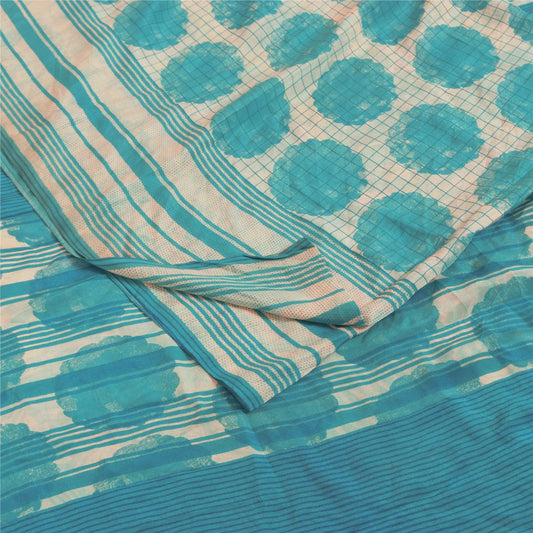 Sanskriti Vintage Sarees Ivory & Blue Pure Crepe Printed Sari 5+yd Craft Fabric