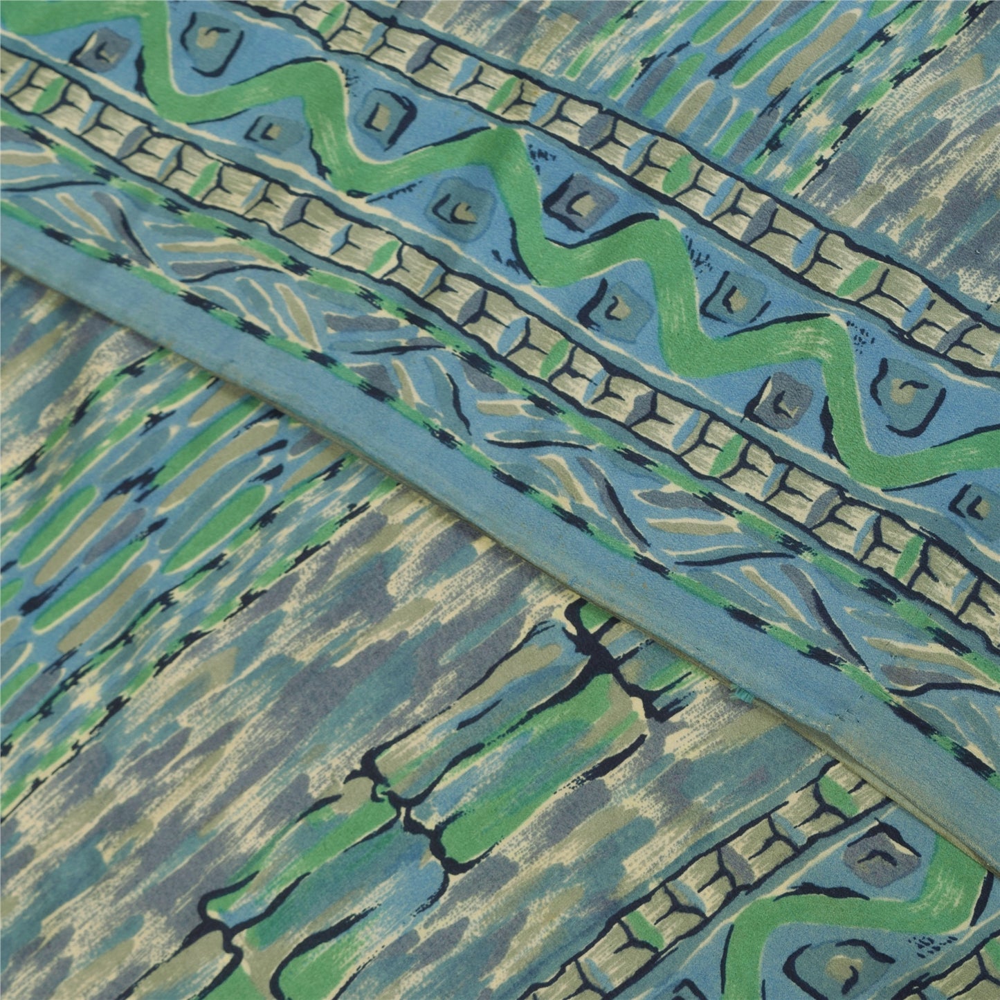 Sanskriti Vintage Sarees Green & Blue Pure Crepe Printed Sari 6+yd Craft Fabric