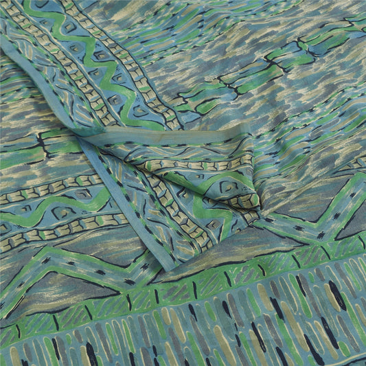 Sanskriti Vintage Sarees Green & Blue Pure Crepe Printed Sari 6+yd Craft Fabric