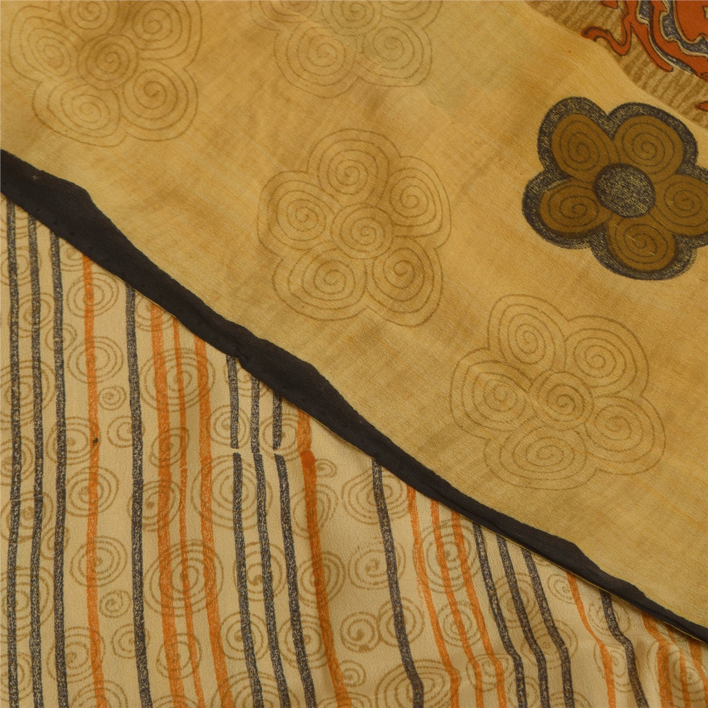 Sanskriti Vintage Sarees Cream Pure Crepe Silk Printed Sari 5+yd Craft Fabric