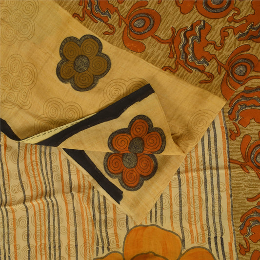 Sanskriti Vintage Sarees Cream Pure Crepe Silk Printed Sari 5+yd Craft Fabric