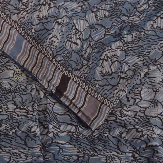 Sanskriti Vintage Sarees Grayish Blue Pure Crepe Floral Printed Sari 5+yd Fabric