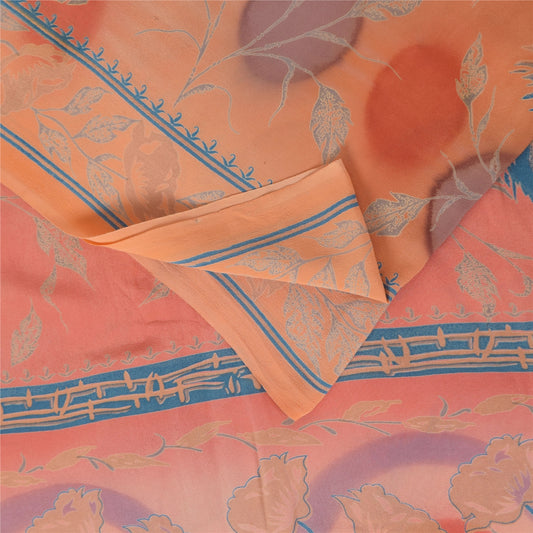 Sanskriti Vintage Sarees Coral Pure Crepe Silk Printed Sari 5+yd Craft Fabric
