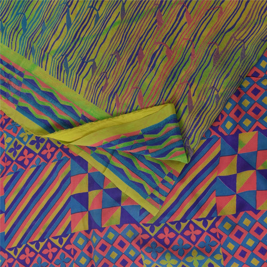 Sanskriti Vintage Sarees Multicolor Pure Crepe Silk Print Sari 5+yd Craft Fabric