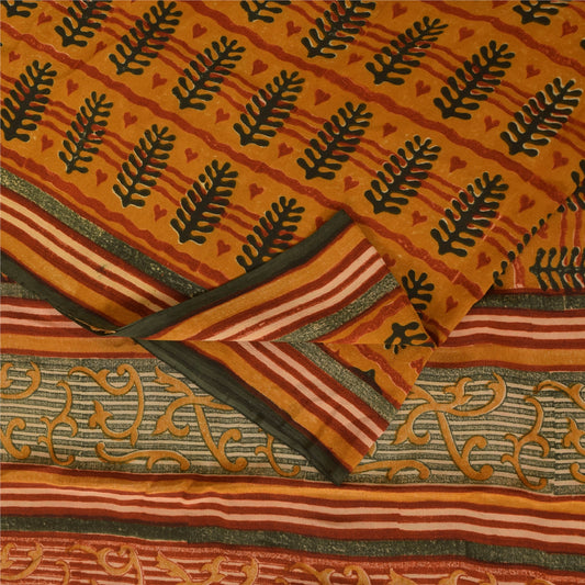 Sanskriti Vintage Sarees Mustard Pure Crepe Block Printed Sari 5+yd Craft Fabric