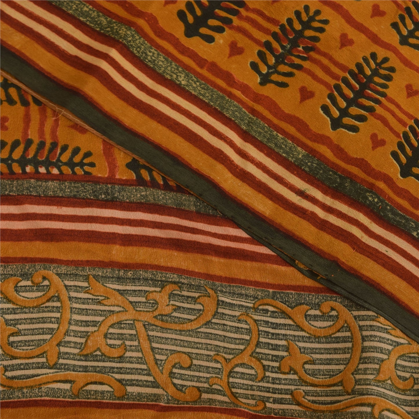 Sanskriti Vintage Sarees Mustard Pure Crepe Block Printed Sari 5+yd Craft Fabric