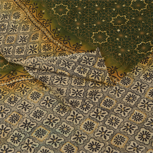 Sanskriti Vintage Sarees Green Pure Crepe Silk Printed Sari 5+yd Craft Fabric