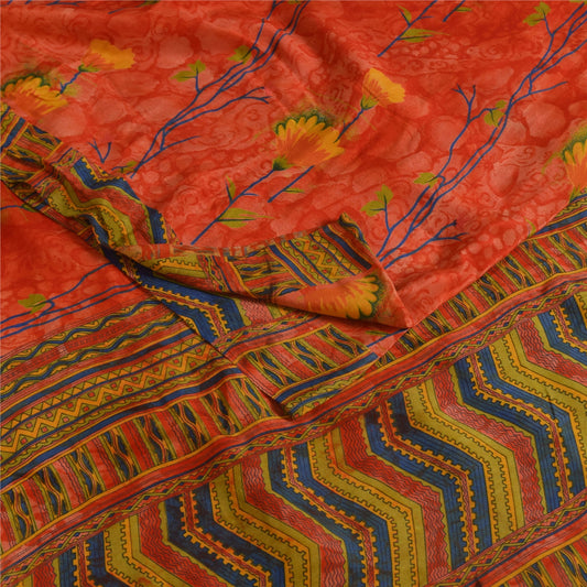 Sanskriti Vintage Sarees Reddish-Orange Pure Crepe Print Sari 6+yd Craft Fabric