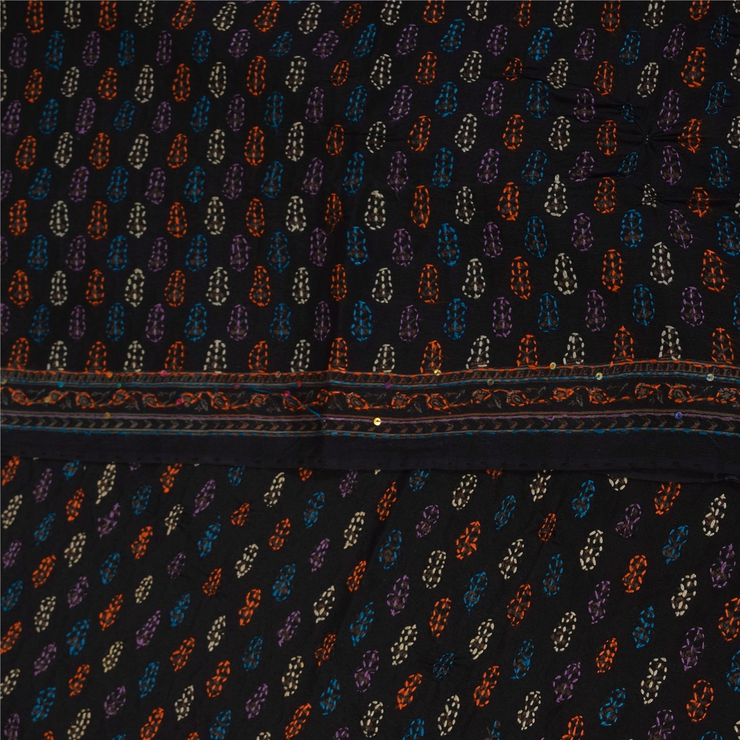 Sanskriti Vintage Sarees Black Pure Crepe Hand Beaded Kantha Printed Sari Fabric