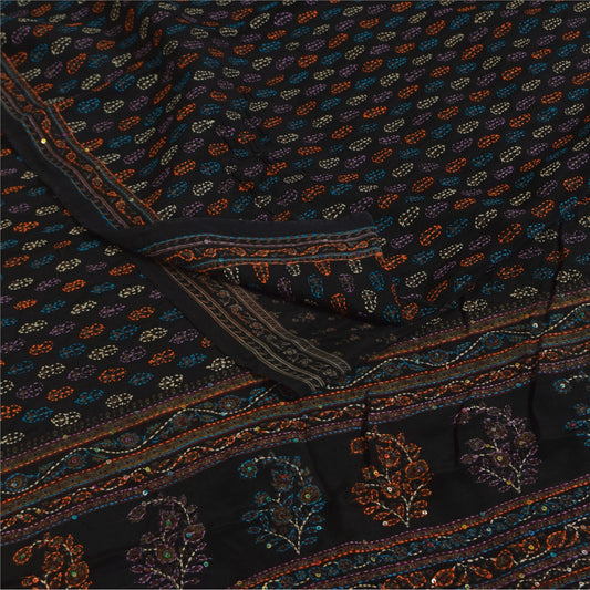 Sanskriti Vintage Sarees Black Pure Crepe Hand Beaded Kantha Printed Sari Fabric