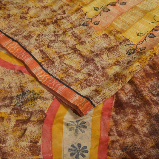 Sanskriti Vintage Sarees Multicolor Pure Crepe Silk Print Sari 5+yd Craft Fabric