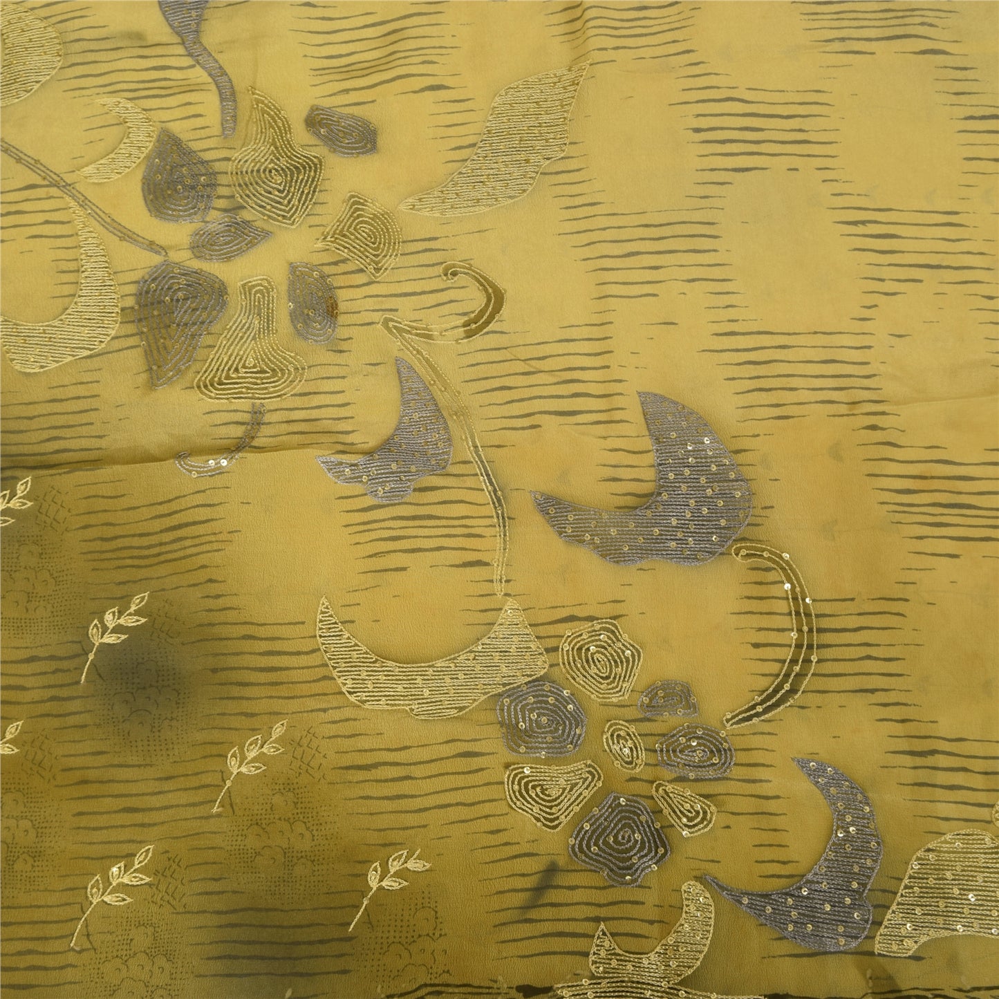 Sanskriti Vintage Sarees Cream Embroidered Pure Crepe Printed Sari 5+yd Fabric