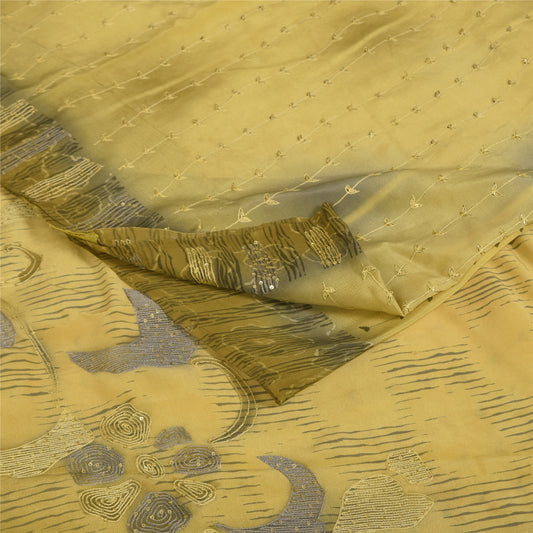 Sanskriti Vintage Sarees Cream Embroidered Pure Crepe Printed Sari 5+yd Fabric