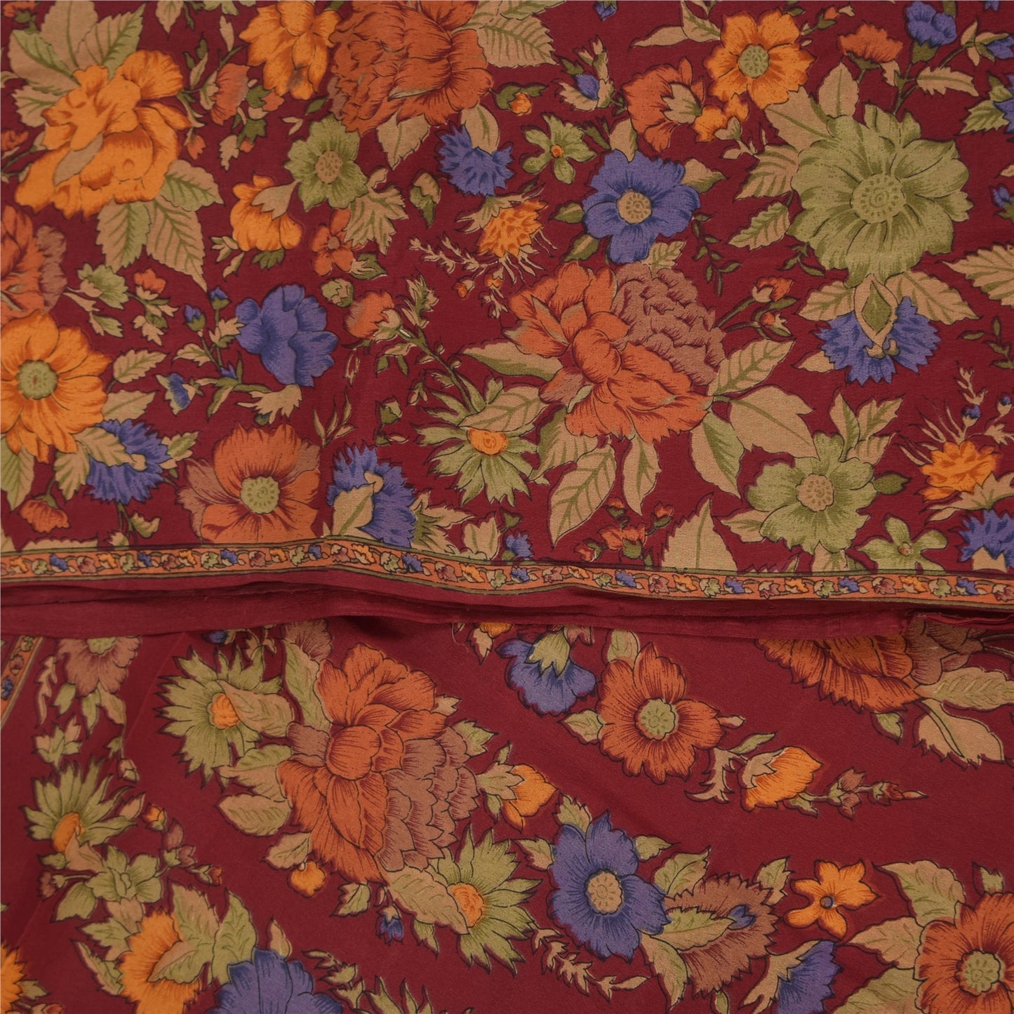 Sanskriti Vintage Sarees Dark Red Pure Crepe Silk Printed Sari 5+yd Craft Fabric