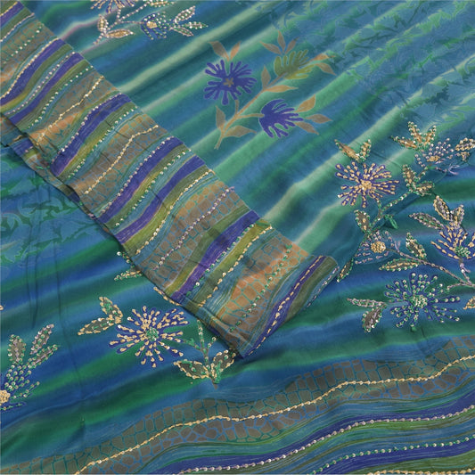 Sanskriti Vintage Sarees Blue Hand Beaded Pure Crepe Printed Sari 5+yd Fabric
