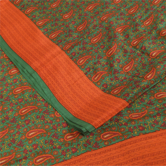 Sanskriti Vintage Sarees Green Pure Crepe Silk Printed Sari 5+yd Craft Fabric