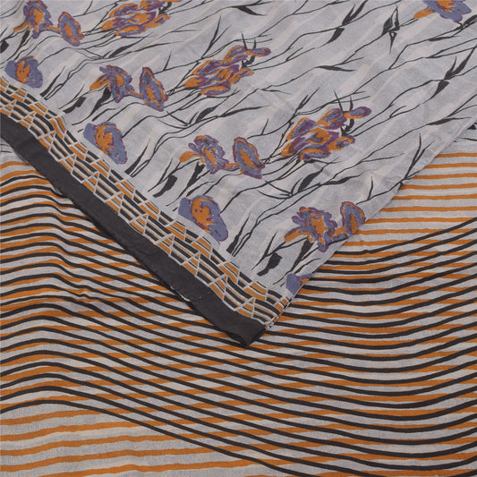 Sanskriti Vintage Sarees Gray 100%Pure Crepe Silk Printed Sari 5+yd Craft Fabric