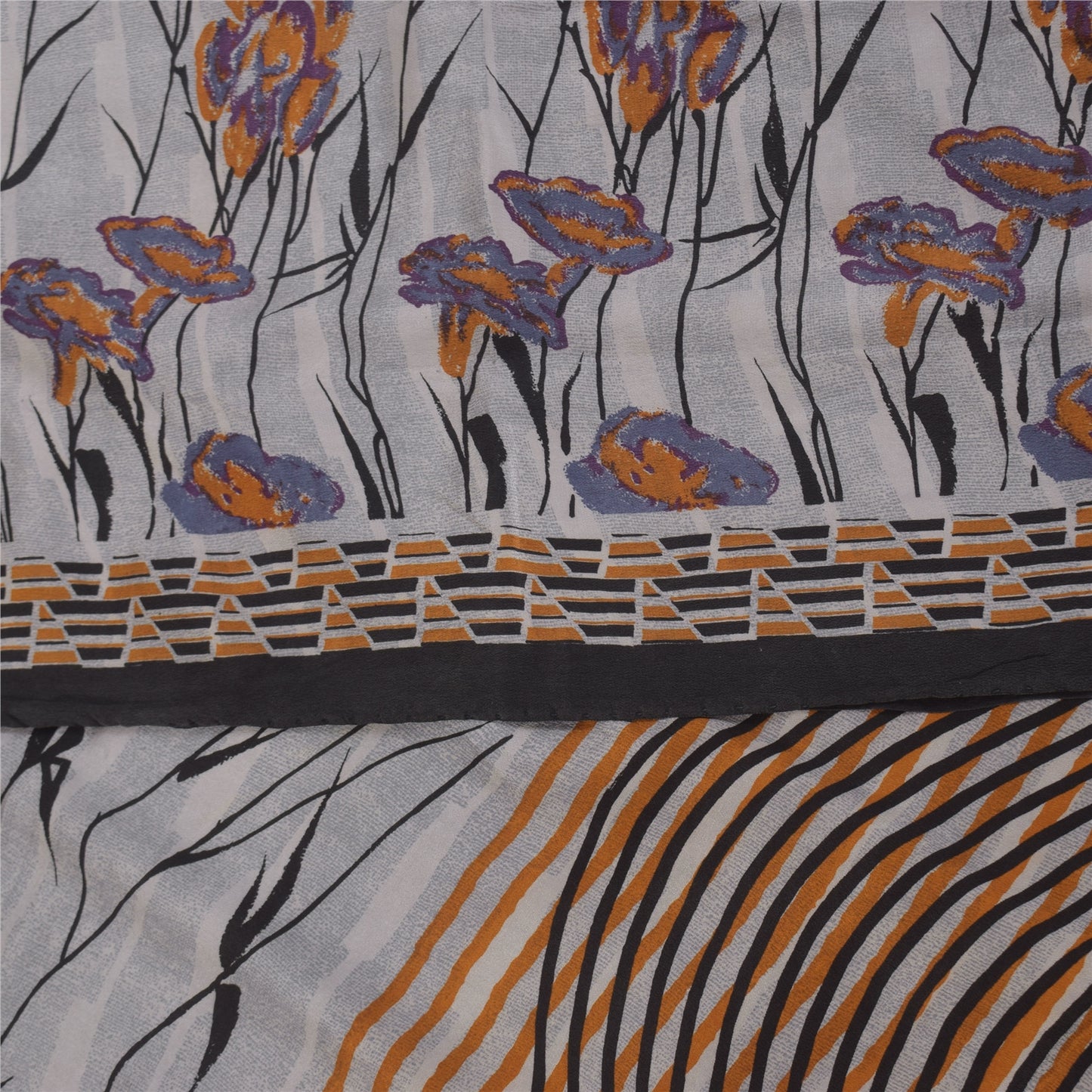 Sanskriti Vintage Sarees Gray 100%Pure Crepe Silk Printed Sari 5+yd Craft Fabric