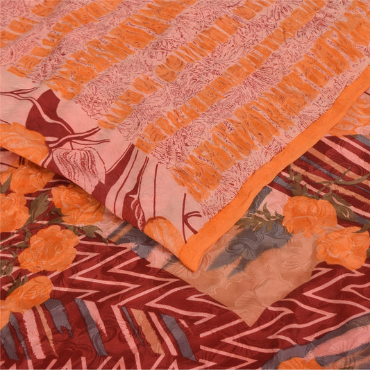 Sanskriti Vintage Sarees Red-Pink Pure Crepe Silk Printed Sari 5+yd Craft Fabric