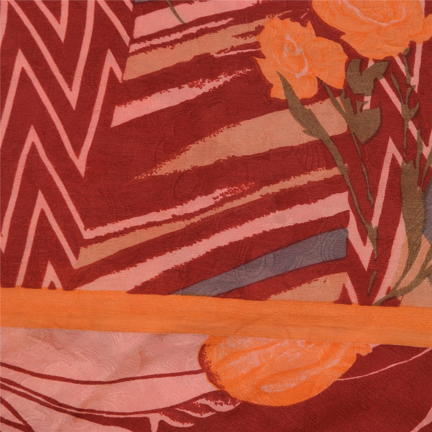 Sanskriti Vintage Sarees Red-Pink Pure Crepe Silk Printed Sari 5+yd Craft Fabric