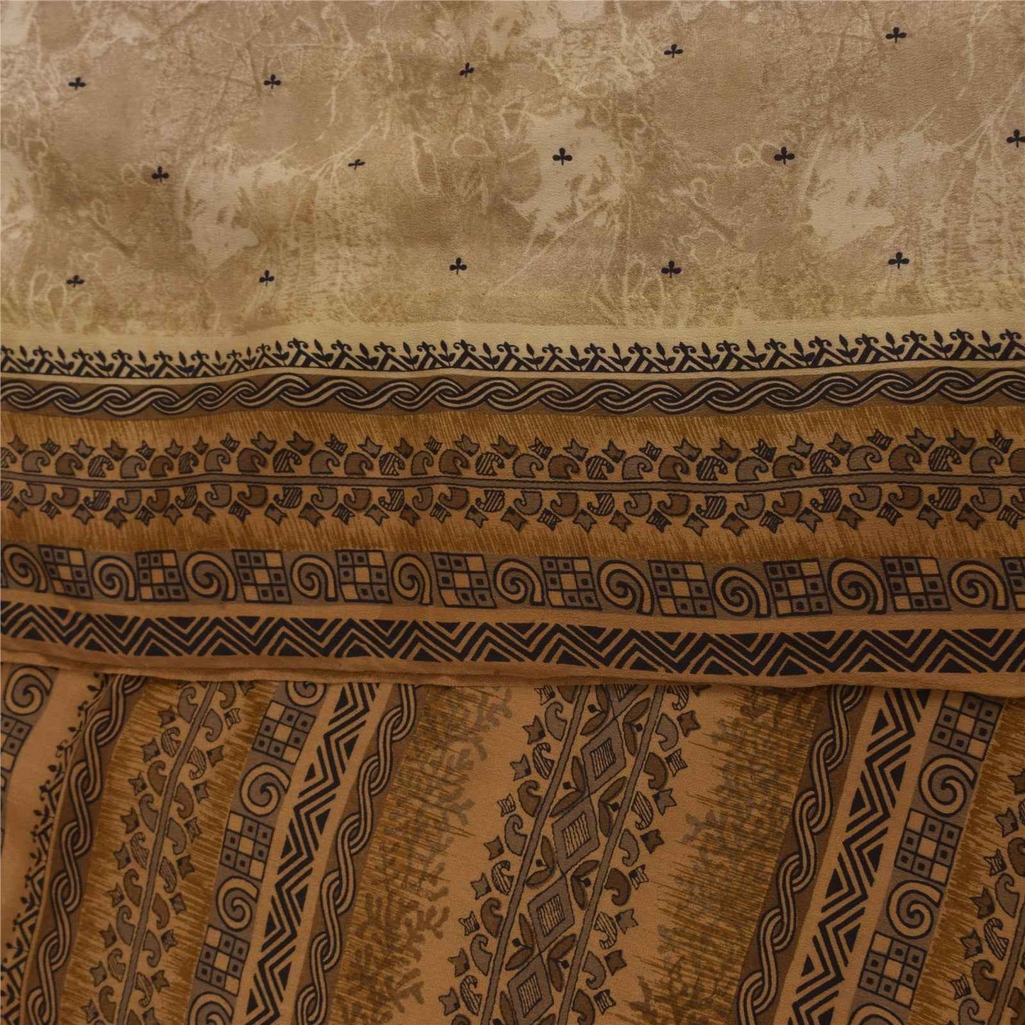 Sanskriti Vintage Sarees Brown Pure Crepe Silk Printed Sari 5+yd Craft Fabric